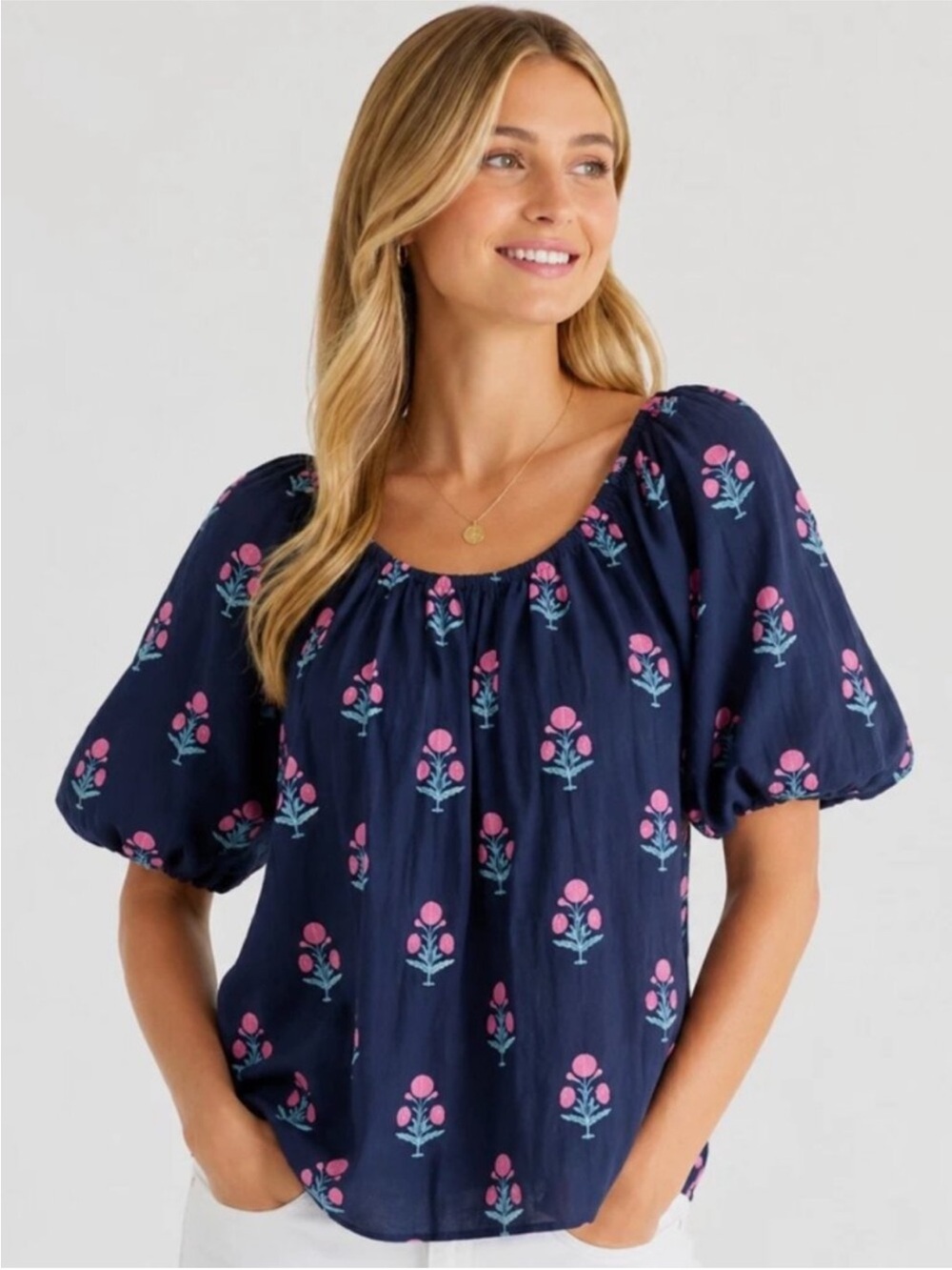 johnnie-O Navy Puff Sleeve Navy Floral Blouse with Pink Print